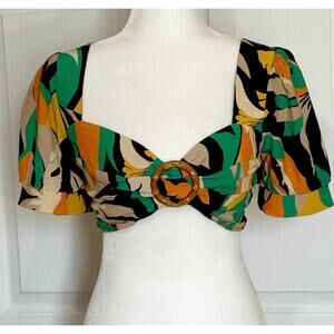 Mallory Size S Dolce Green Crop Top. Puff sleeves elastic shirred back tie neck